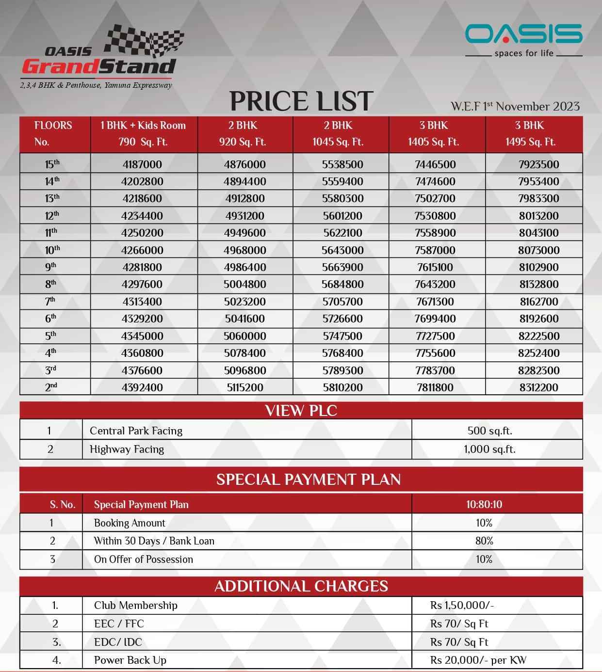 oasis grandstand Price List